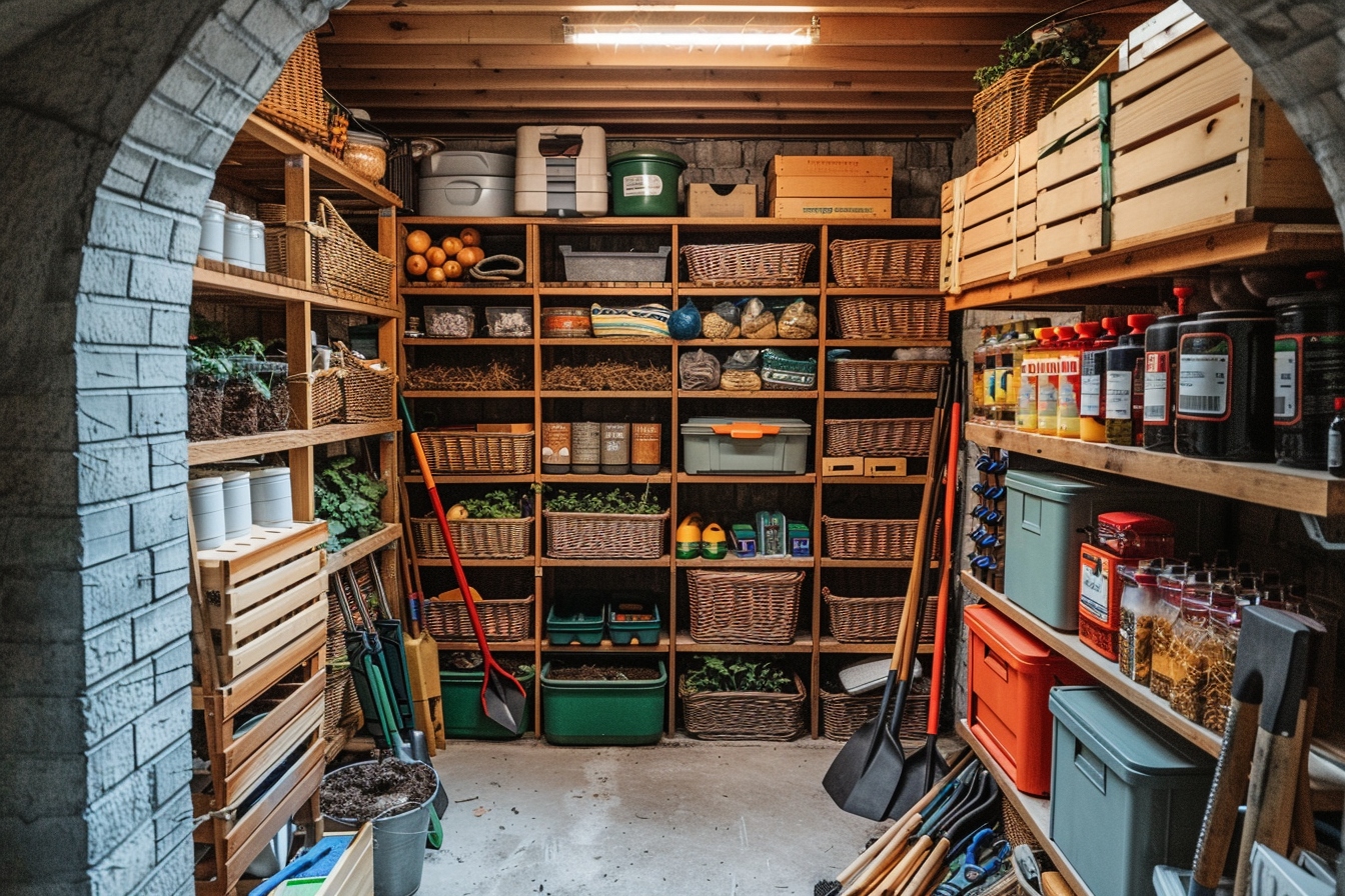 Organisation efficace pour un débarras de cave à Hyeres, montrant des boîtes empilées et des outils de rangement