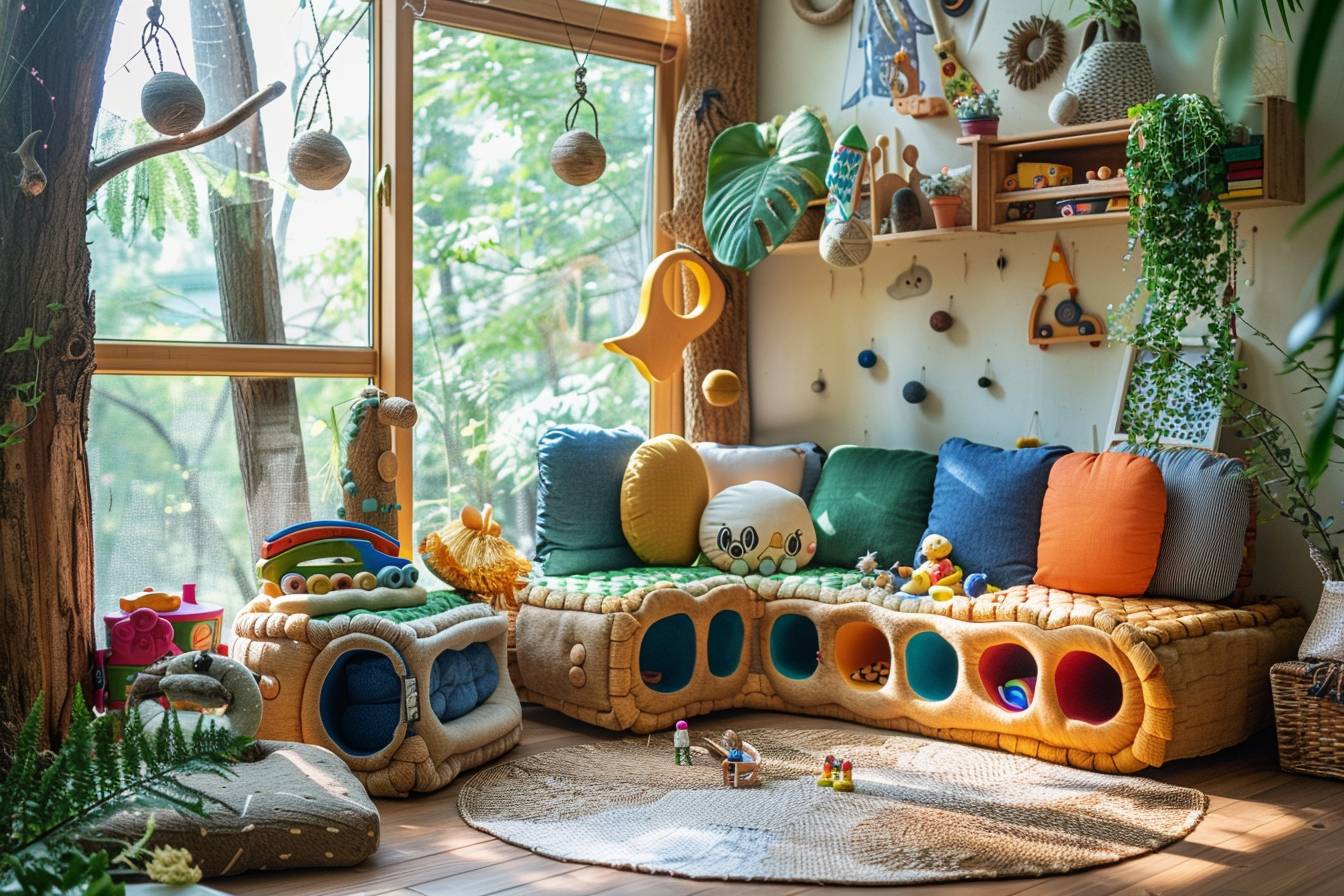 Alt d'image: "Chambre d'enfant joliment décorée avec des matériaux recyclés, montrant un espace optimisé et créatif.